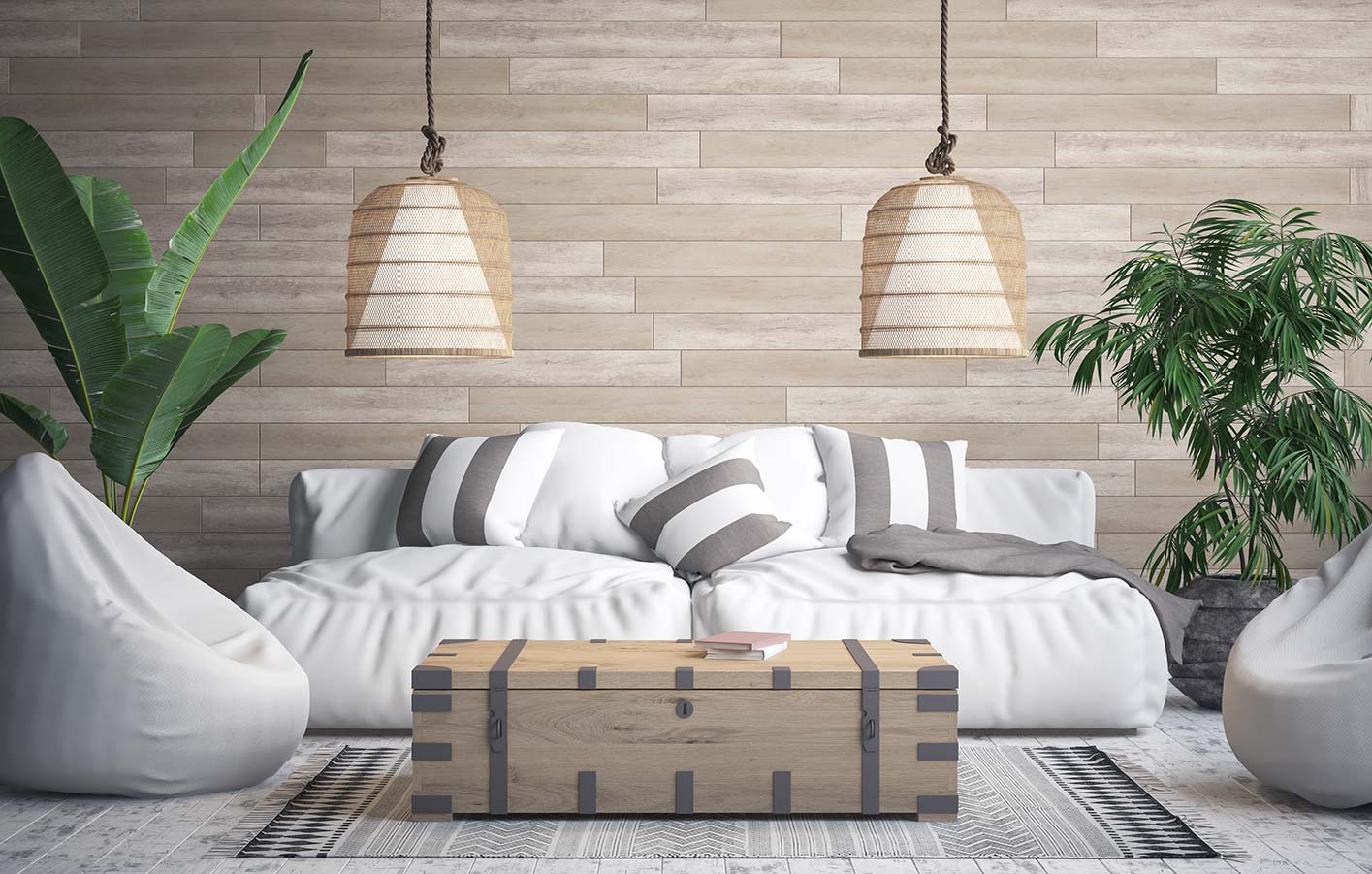 Modernes Wohnzimmer mit Holzpaneelen an der Wand und einer gemütlichen Sitzecke